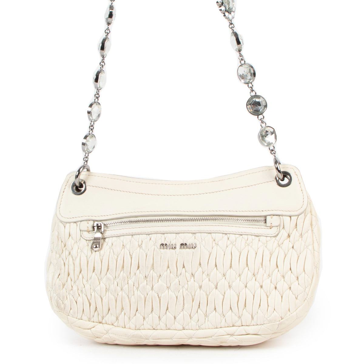 Buy an authentic second hand Miu Miu White Crystal Matelasse Shoulder Bag in good condition at Labellov in Antwerp.