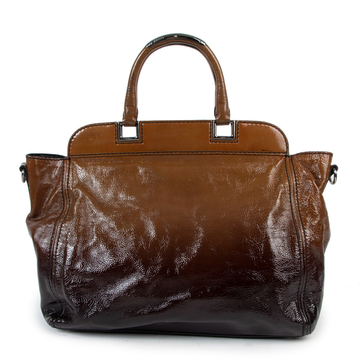 Buy an authentic second hand Prada Brown Ombre Patent Leather Tote Bag Top Handle Bag in good condition at Labellov in Antwerp.