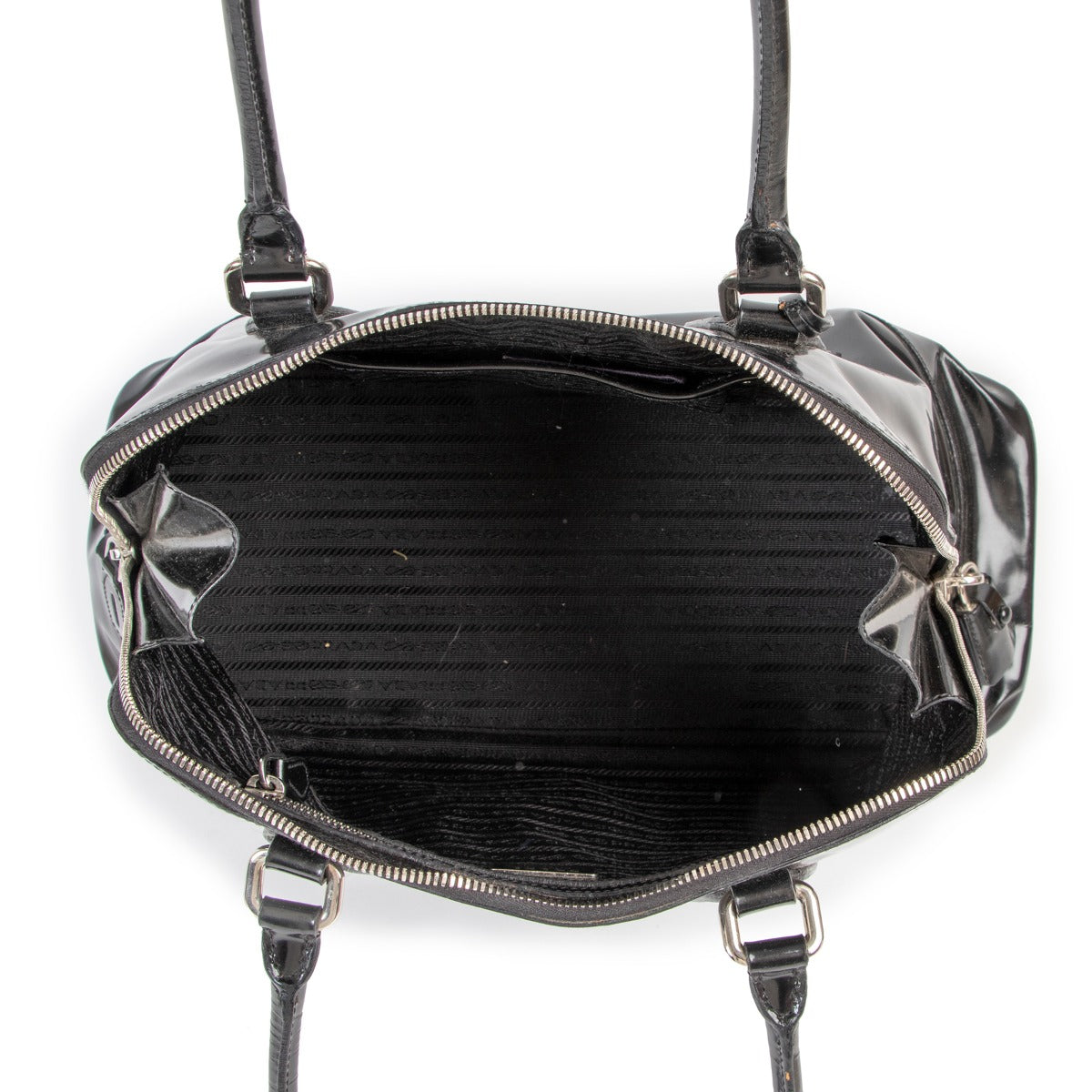 Shop second hand designer vintage high-end fashion Prada BL0267 Spazzolato Logo Black Patent Leather Tote Bag at Labellov.