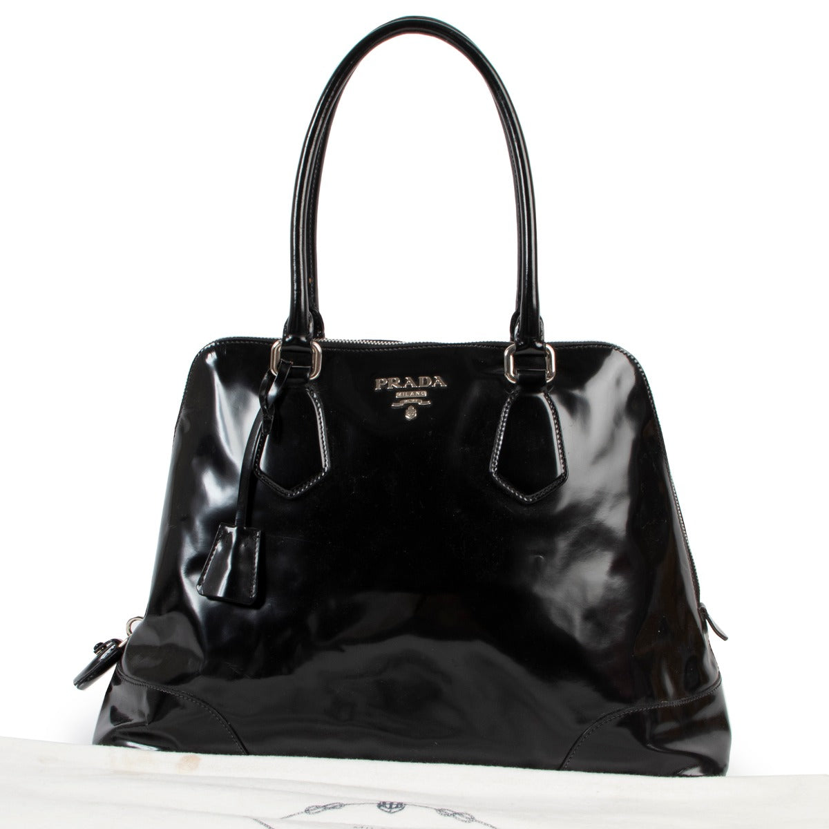 Shop second hand designer vintage high-end fashion Prada BL0267 Spazzolato Logo Black Patent Leather Tote Bag at Labellov.