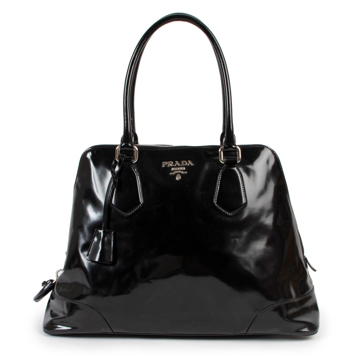 Shop second hand designer vintage high-end fashion Prada BL0267 Spazzolato Logo Black Patent Leather Tote Bag at Labellov.