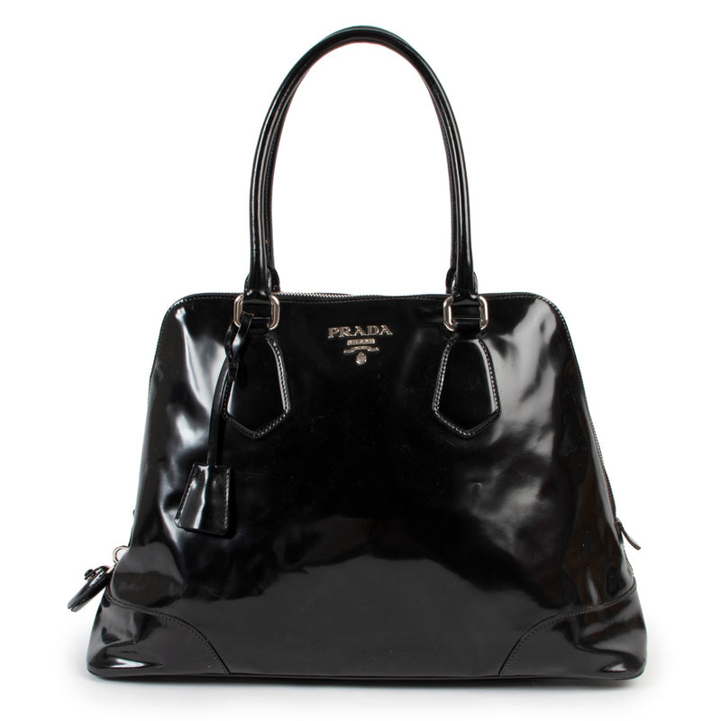 Shop second hand designer vintage high-end fashion Prada BL0267 Spazzolato Logo Black Patent Leather Tote Bag at Labellov.