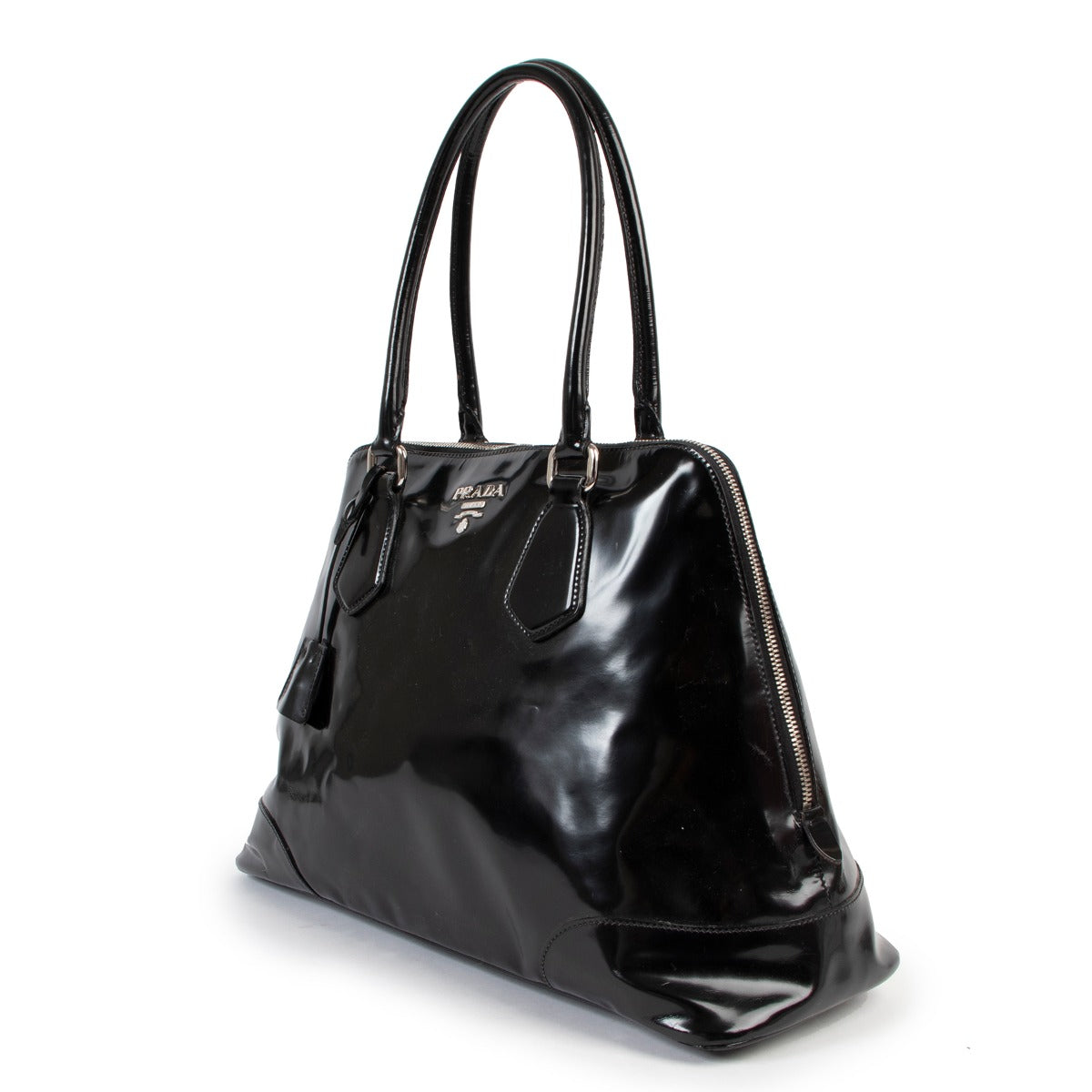 Shop second hand designer vintage high-end fashion Prada BL0267 Spazzolato Logo Black Patent Leather Tote Bag at Labellov.