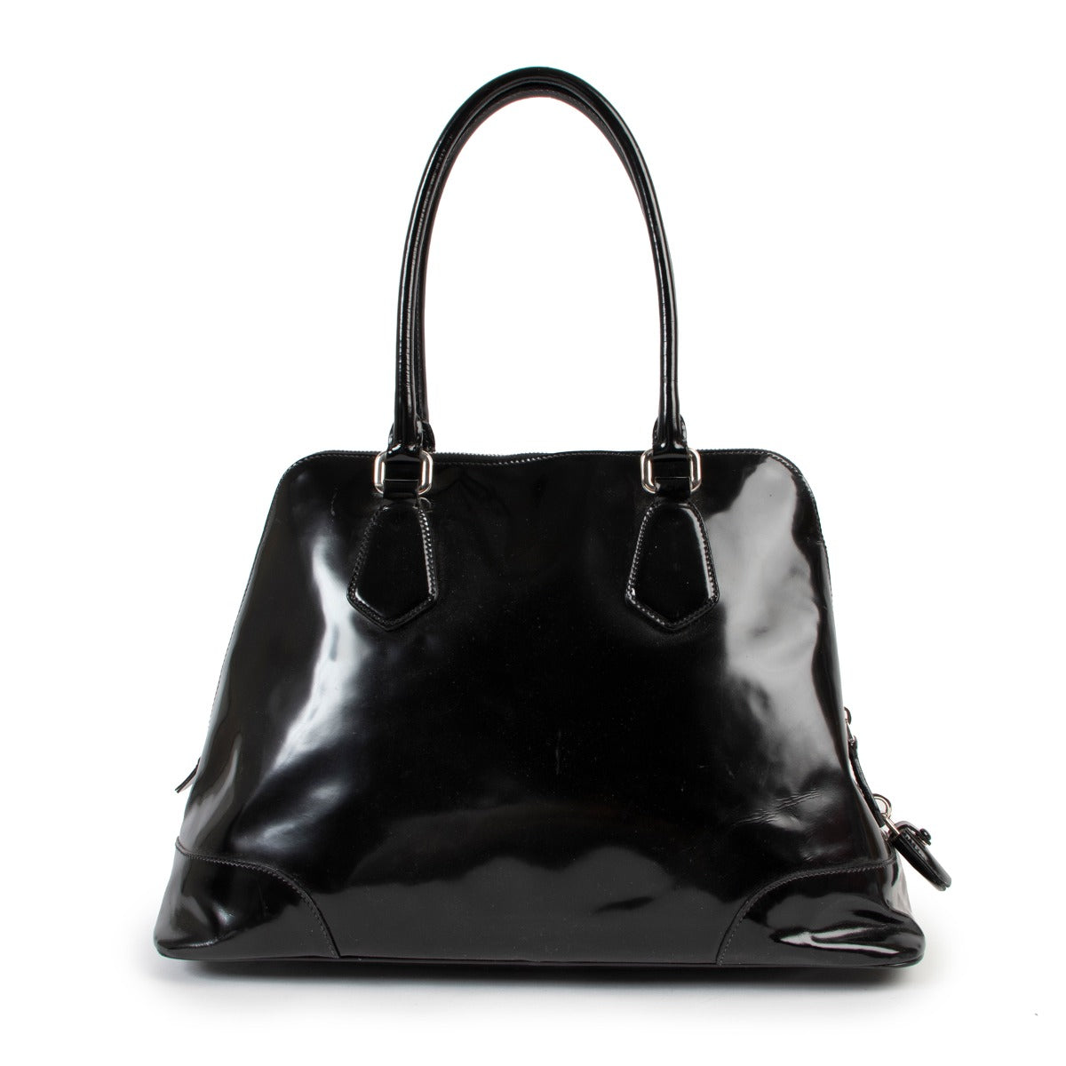 Shop second hand designer vintage high-end fashion Prada BL0267 Spazzolato Logo Black Patent Leather Tote Bag at Labellov.