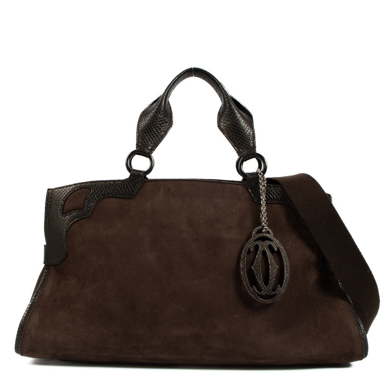 Shop safe online at Labellov in Antwerp, Brussels and Knokke this 100% authentic second hand Cartier Brown Suede Marcello Shoulder Bag