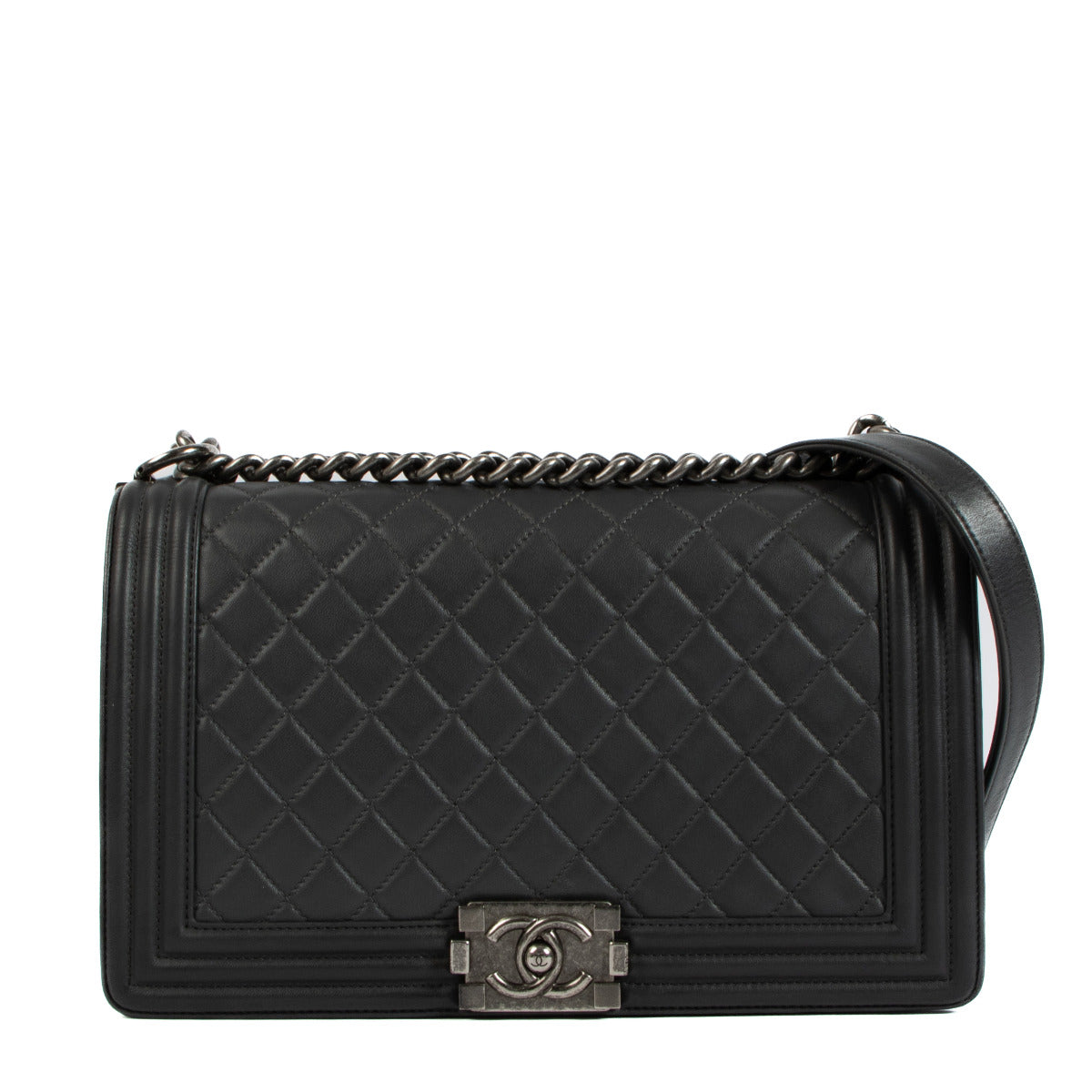 Chanel Antracite Grey Quilted Leather Boy Bag in Large available at Labellov secondhand luxury in Antwerp.