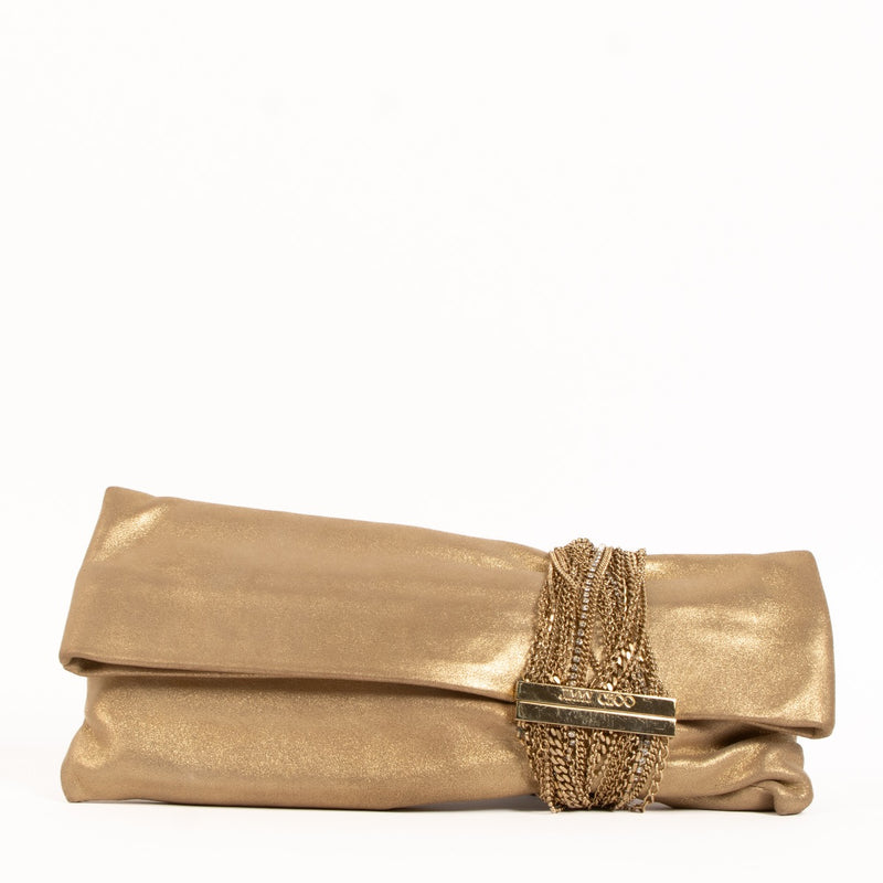 Jimmy Choo Gold Shimmer Suede Chain Chandra Clutch