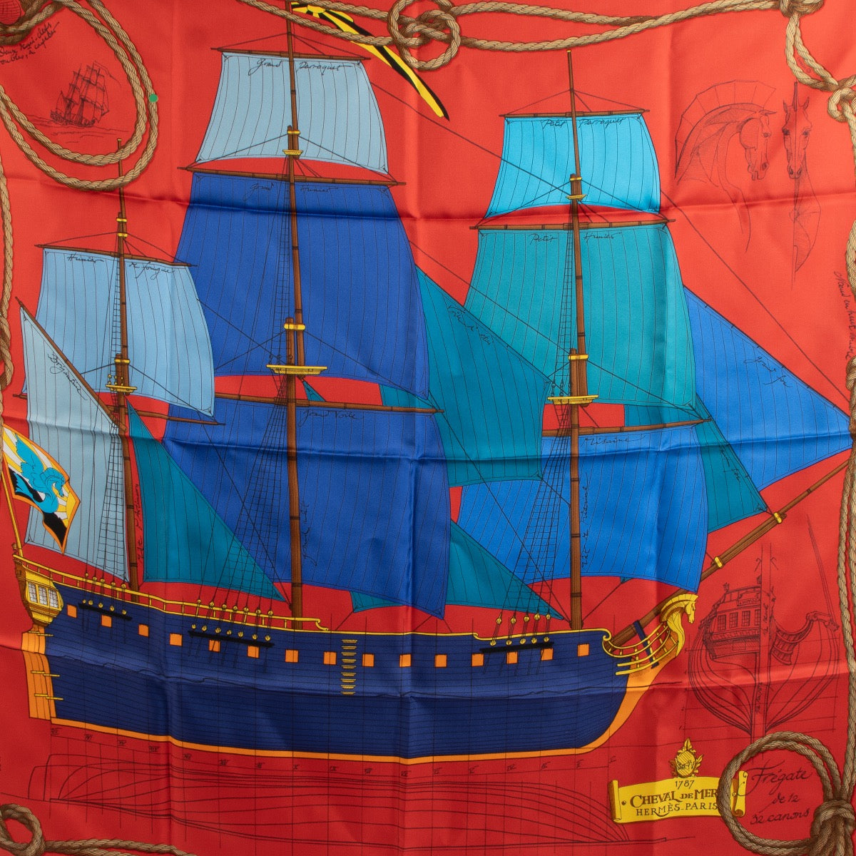 Shop safe online at Labellov in Antwerp, Brussels and Knokke this 100% authentic second hand Hermès Multicolor Cheval De Mer Silk Carré Scarf
