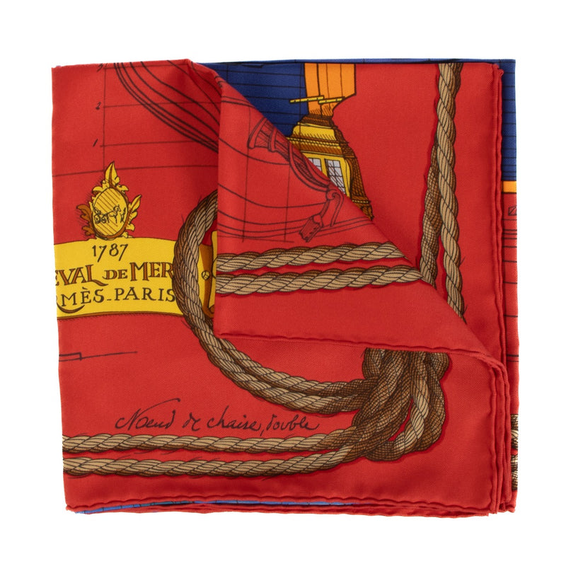 Shop safe online at Labellov in Antwerp, Brussels and Knokke this 100% authentic second hand Hermès Multicolor Cheval De Mer Silk Carré Scarf