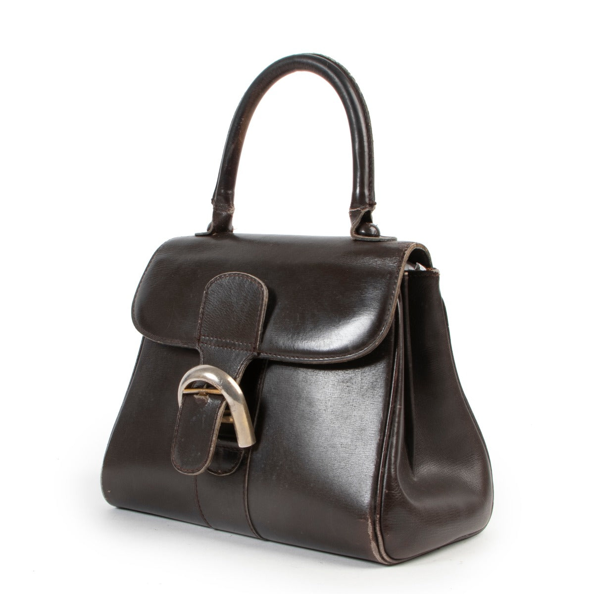 Vintage bag with metallic gold finishes brown leather crafted by Delvaux