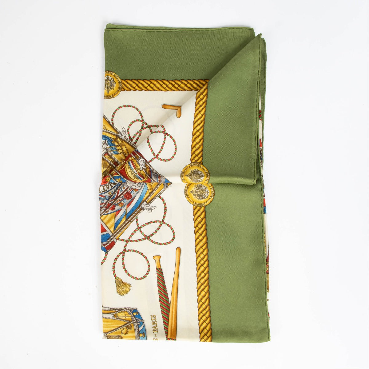 Authentic pre-loved Hermès Green Les Tambours Silk 90 Scarf on Labellov.com