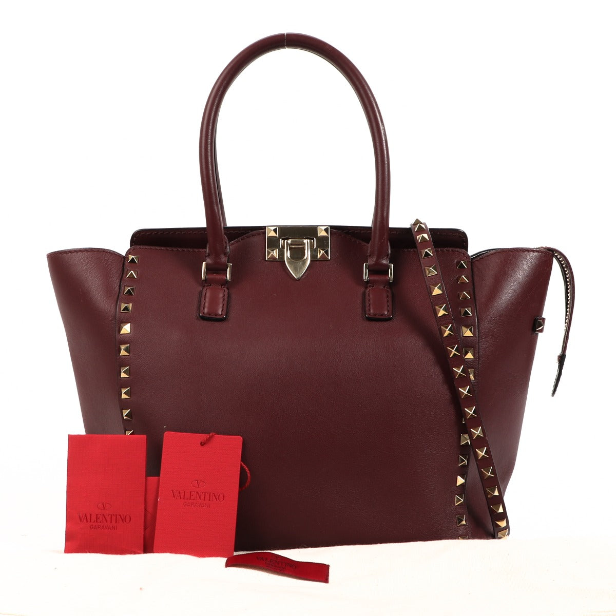 Valentino Garavani Burgundy Rockstud Shopper Tote Bag