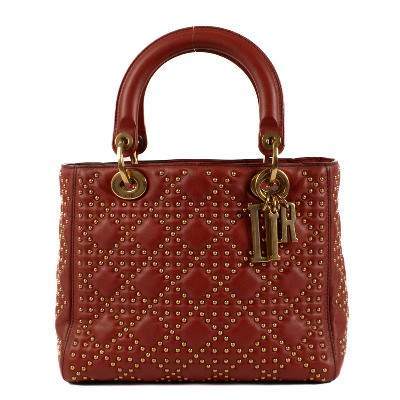 Christian Dior Red Studded Supple Medium Lady Dior Bag
