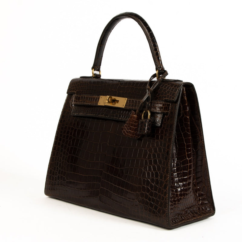 Hermès Vintage Kelly 28 Brown Shiny Porosus Crocodile