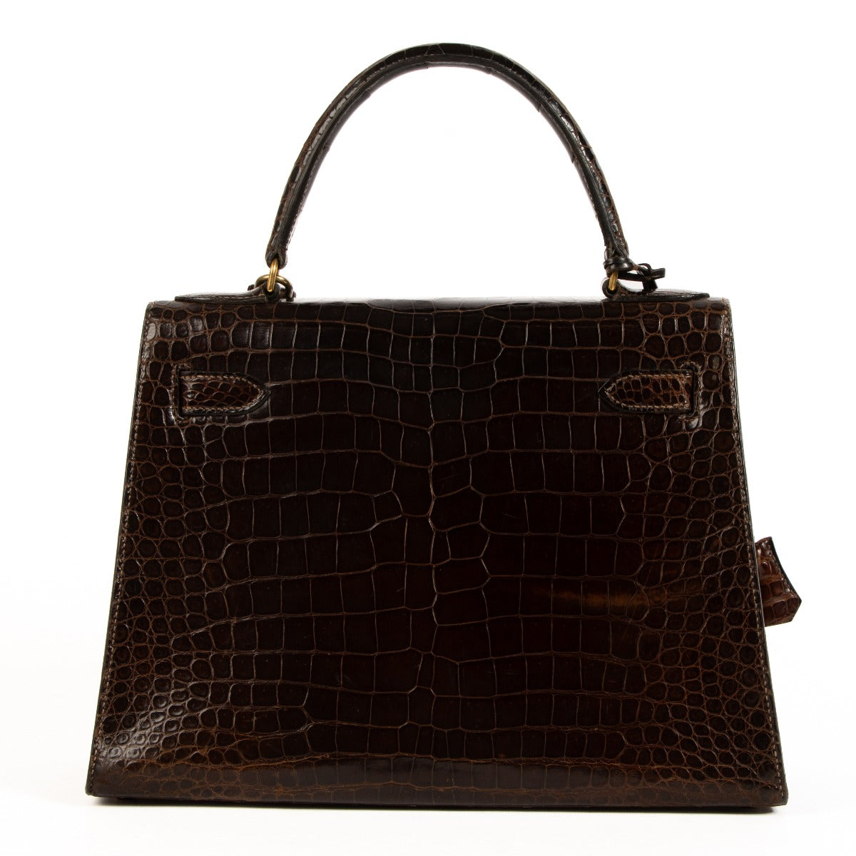 Hermès 1970s Vintage Kelly 28 Brown Shiny Porosus Crocodile