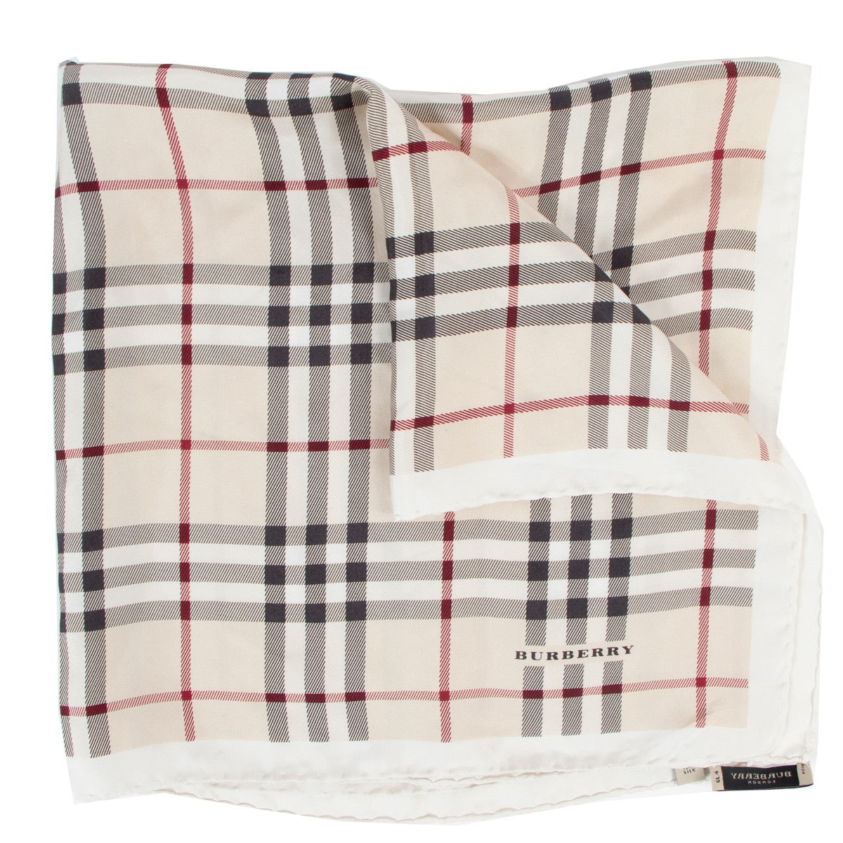 Shop safe online at Labellov in Antwerp this 100% authentic second hand Burberry Beige Check Square Silk Scarf