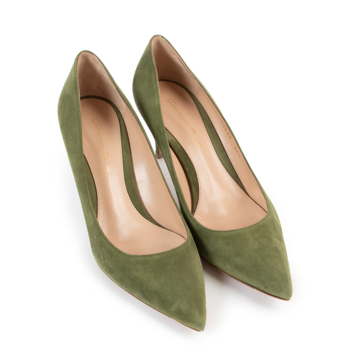 Buy an authentic pair of second hand Gianvito Rossi Gianvito 70 Olive Green Suede Pumps - Size 38,5 at Labellov