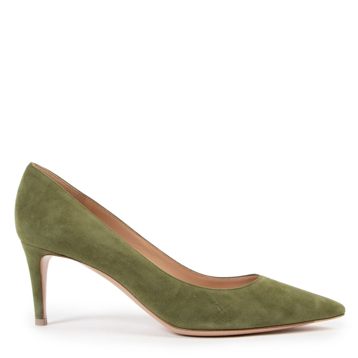 Buy an authentic pair of second hand Gianvito Rossi Gianvito 70 Olive Green Suede Pumps - Size 38,5 at Labellov
