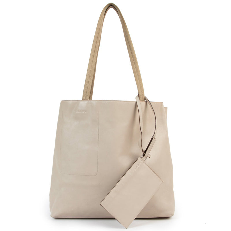 Shop authentic second hand high end designer vintage Prada Beige Leather Tote Bag at Labellov.