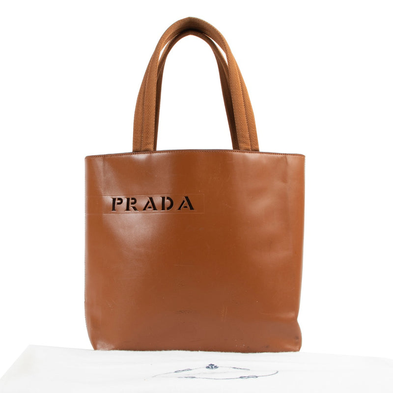 Prada Laser Cut Logo Cognac Top Handle