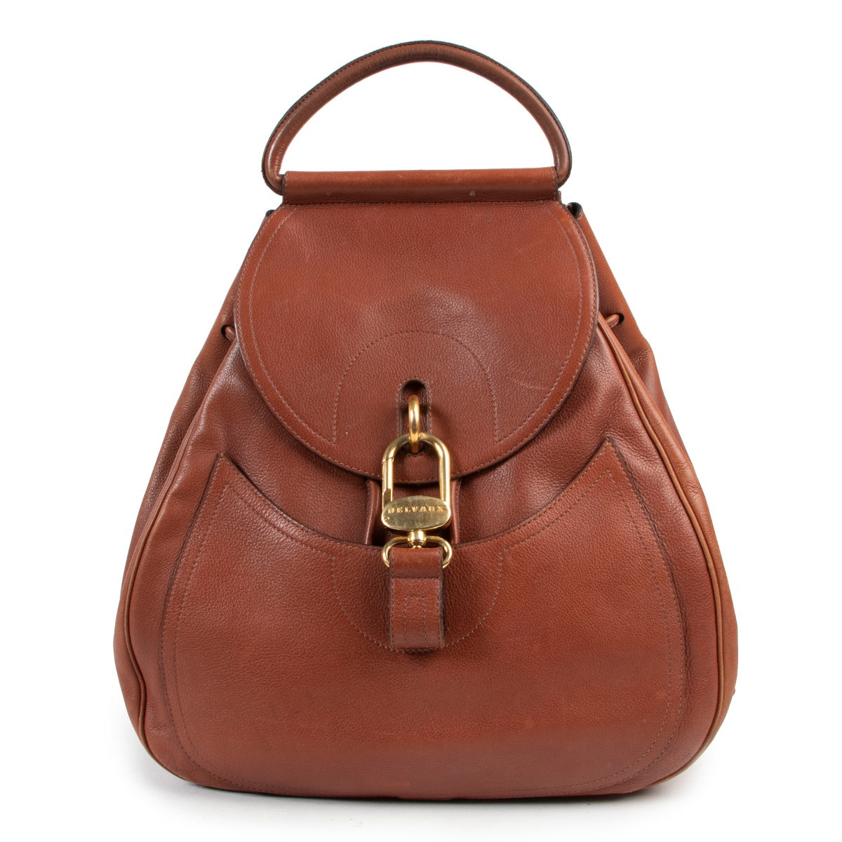 Delvaux Brown Lucifer Backpack with gold metallic chain and top handle in preloved condition