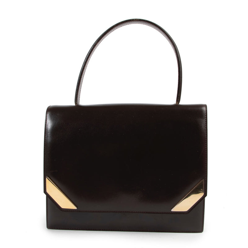 Shop safe online 100% authentic Delvaux top handle bag in brown leather, Preloved brown top handle Delvaux bag, Beautiful brown Delvaux bag in good condition