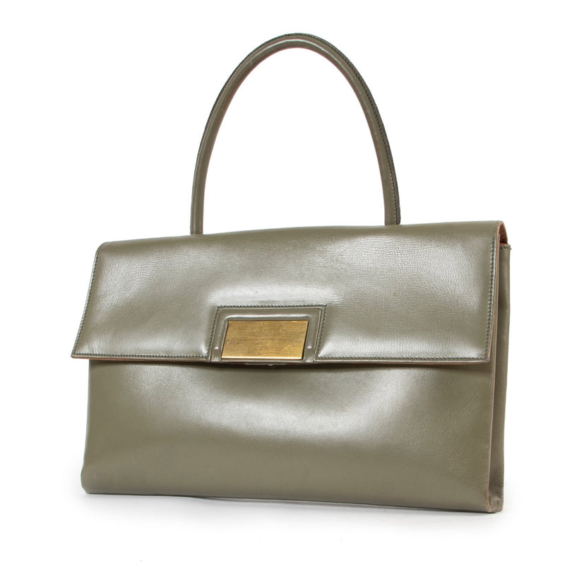 Shop online 100% safe authentic preloved Delvaux top handle bag in olive green leather, Beautiful top handle Delvaux bag in good condition, Preloved olive green top handle Delvaux bag.
