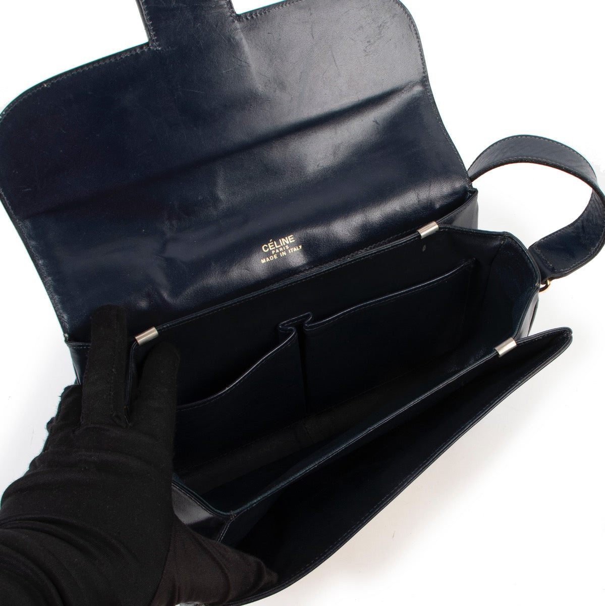 Shop safe online at Labellov in Antwerp this 100% authentic second hand Celine Blue Leather, Beige Toile Box Bag