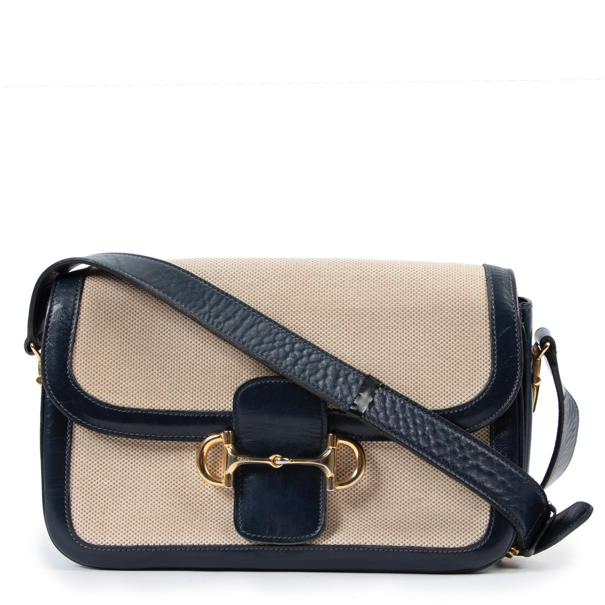 Shop safe online at Labellov in Antwerp this 100% authentic second hand Celine Blue Leather, Beige Toile Box Bag
