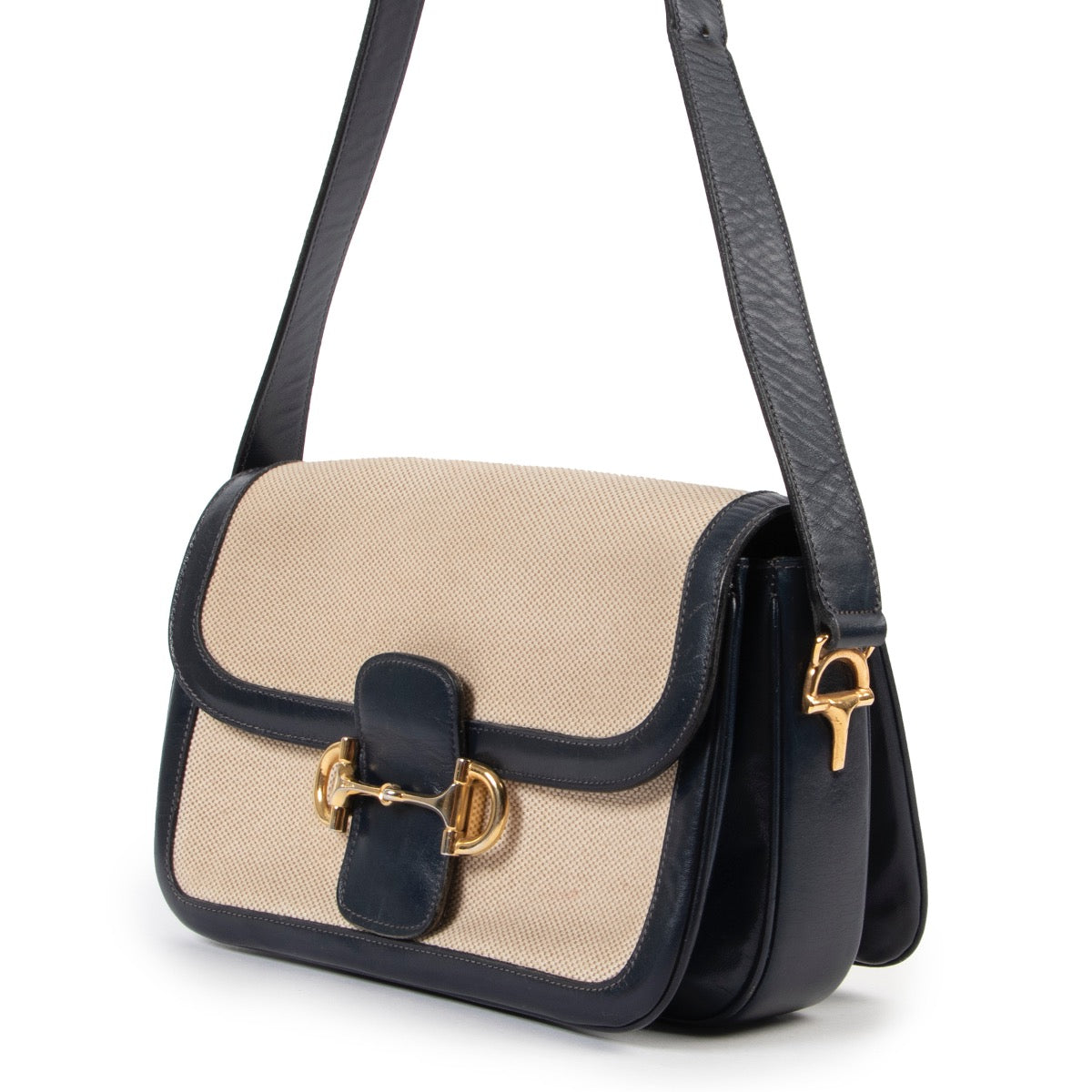 Shop safe online at Labellov in Antwerp this 100% authentic second hand Celine Blue Leather, Beige Toile Box Bag