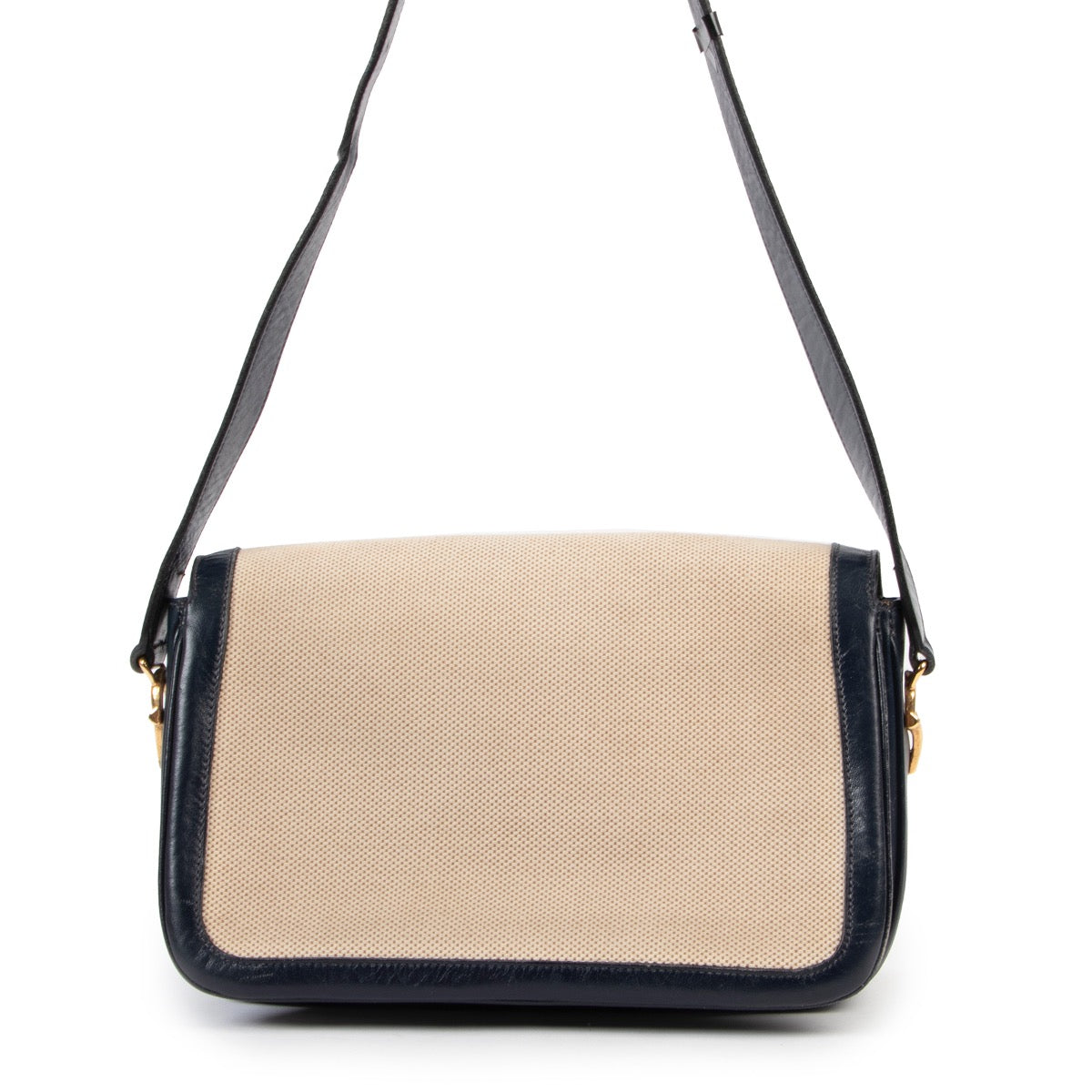 Shop safe online at Labellov in Antwerp this 100% authentic second hand Celine Blue Leather, Beige Toile Box Bag