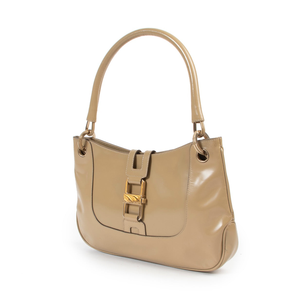 Original no fake Gucci Beige Patent Leather Top Handle in good condition on Labellov Luxury vintage site for designer bags