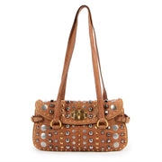 Buy online an authentic second hand Miu Miu Brown Leather Studded Shoulder Bag in very good condition at Labellov in Antwerp.