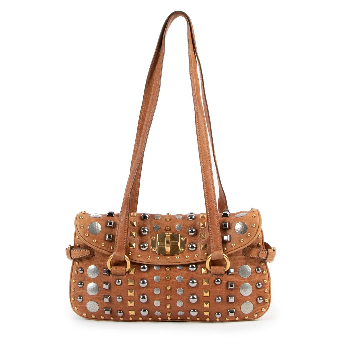 Buy online an authentic second hand Miu Miu Brown Leather Studded Shoulder Bag in very good condition at Labellov in Antwerp.