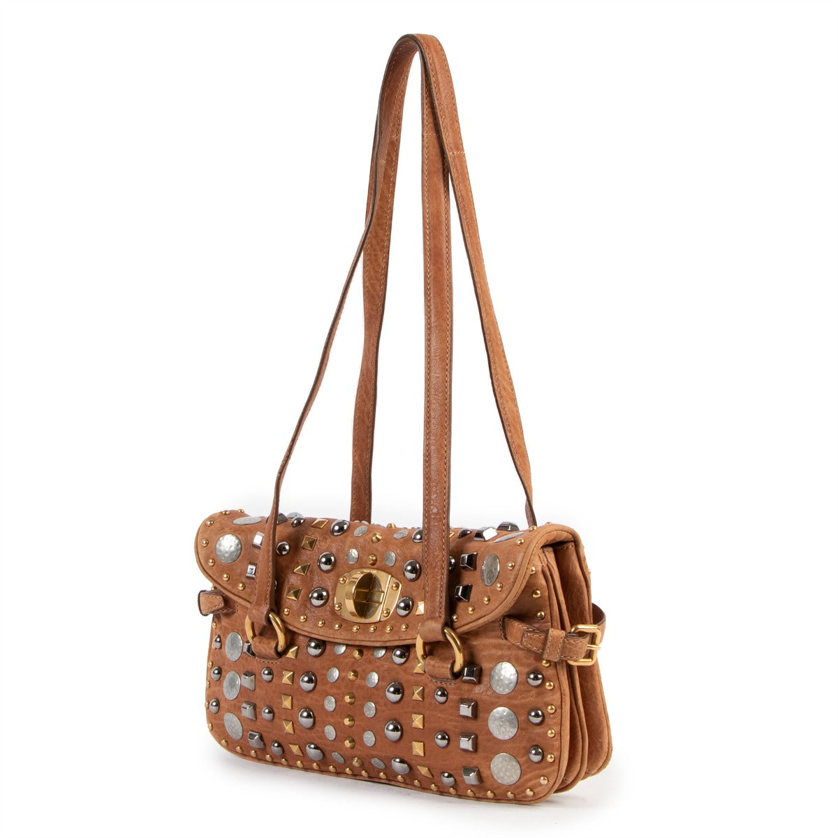 Buy online an authentic second hand Miu Miu Brown Leather Studded Shoulder Bag in very good condition at Labellov in Antwerp.