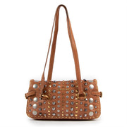 Buy online an authentic second hand Miu Miu Brown Leather Studded Shoulder Bag in very good condition at Labellov in Antwerp.