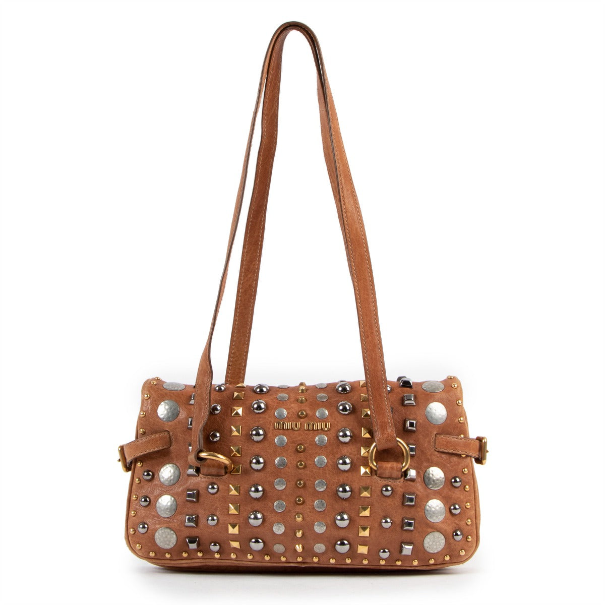 Buy online an authentic second hand Miu Miu Brown Leather Studded Shoulder Bag in very good condition at Labellov in Antwerp.
