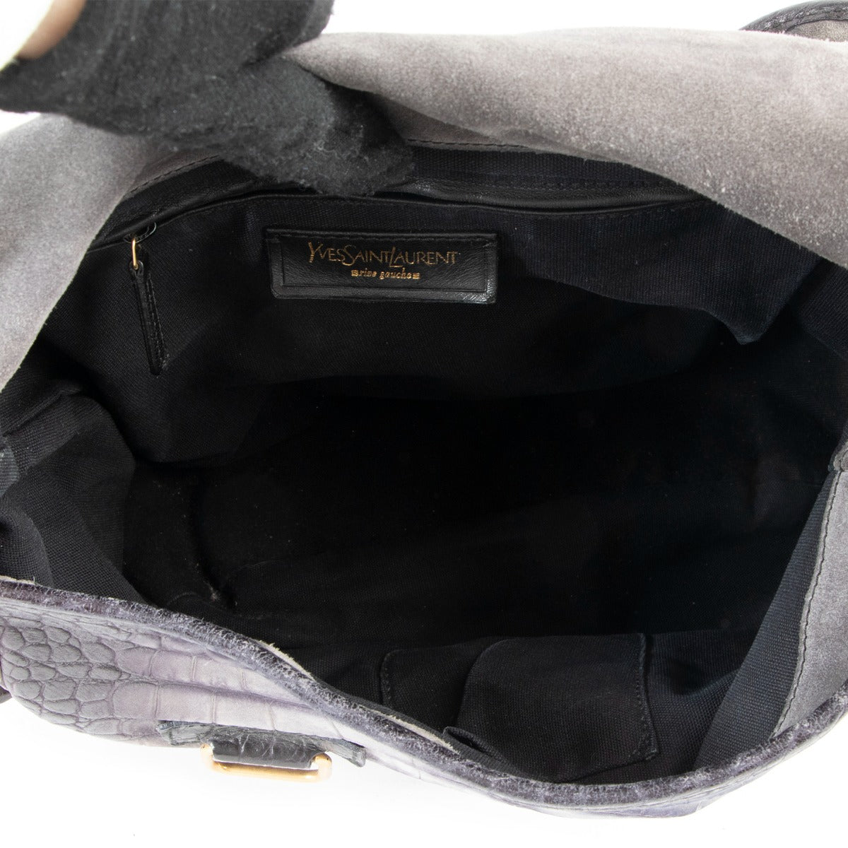 Buy online an authentic second hand Yves Saint Laurent grey Crocodile Embossed Nubuck Besace shoulder bag in good condition at Labellov in Antwerp.