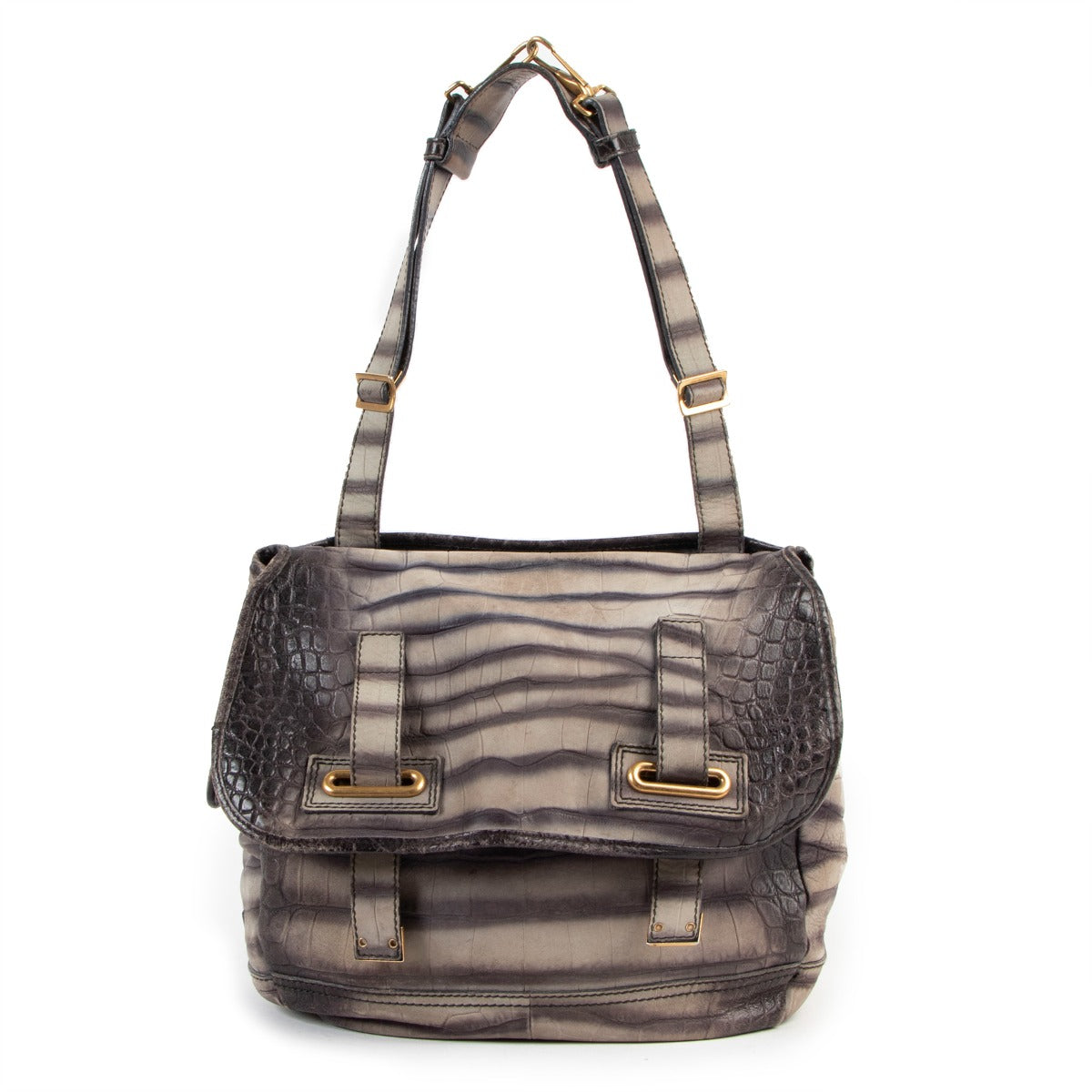 Buy online an authentic second hand Yves Saint Laurent grey Crocodile Embossed Nubuck Besace shoulder bag in good condition at Labellov in Antwerp.