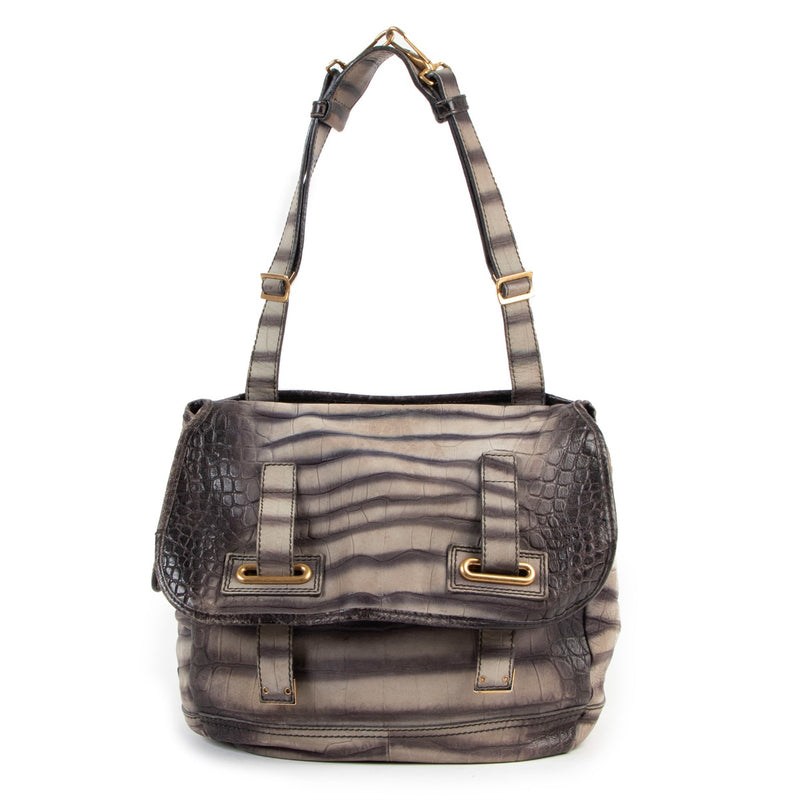 Buy online an authentic second hand Yves Saint Laurent grey Crocodile Embossed Nubuck Besace shoulder bag in good condition at Labellov in Antwerp.