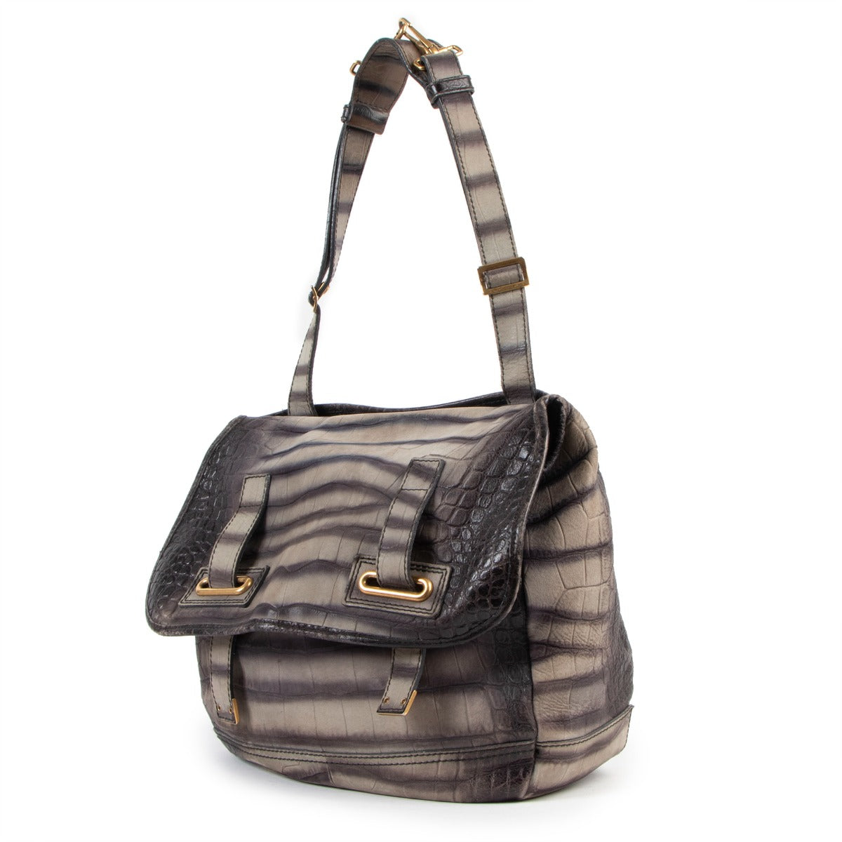 Buy online an authentic second hand Yves Saint Laurent grey Crocodile Embossed Nubuck Besace shoulder bag in good condition at Labellov in Antwerp.