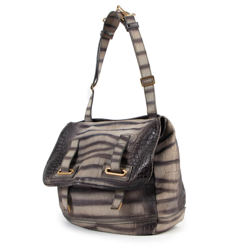 Buy online an authentic second hand Yves Saint Laurent grey Crocodile Embossed Nubuck Besace shoulder bag in good condition at Labellov in Antwerp.
