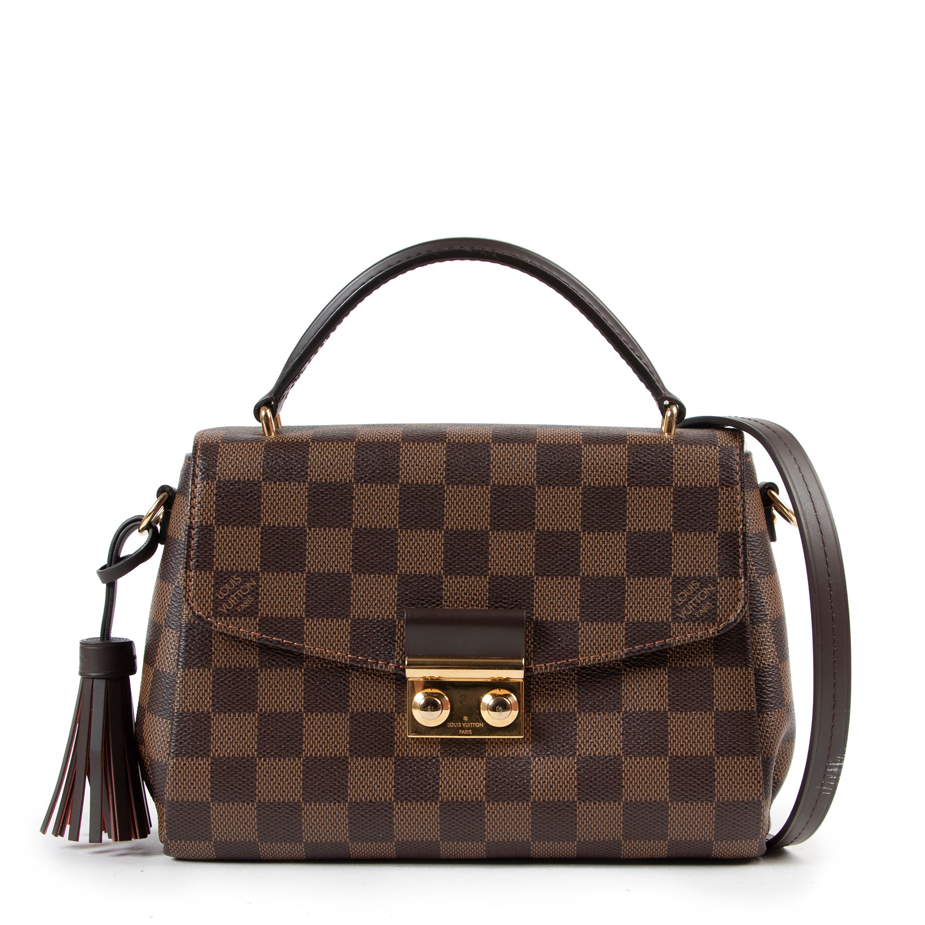 Shop safe online 100% authentic second hand Louis Vuitton Damier Ebene Canvas Croisette Crossbody Bag in excellent very good condition at the right price at Labellov in Antwerp.