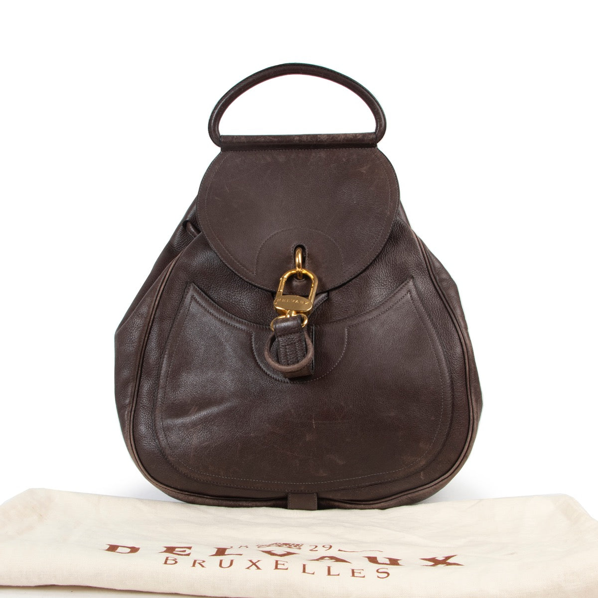 Original Delvaux Dark Brown Leather Backpack in vintage preloved condition on Labellov online website for luxury vintage designer goods