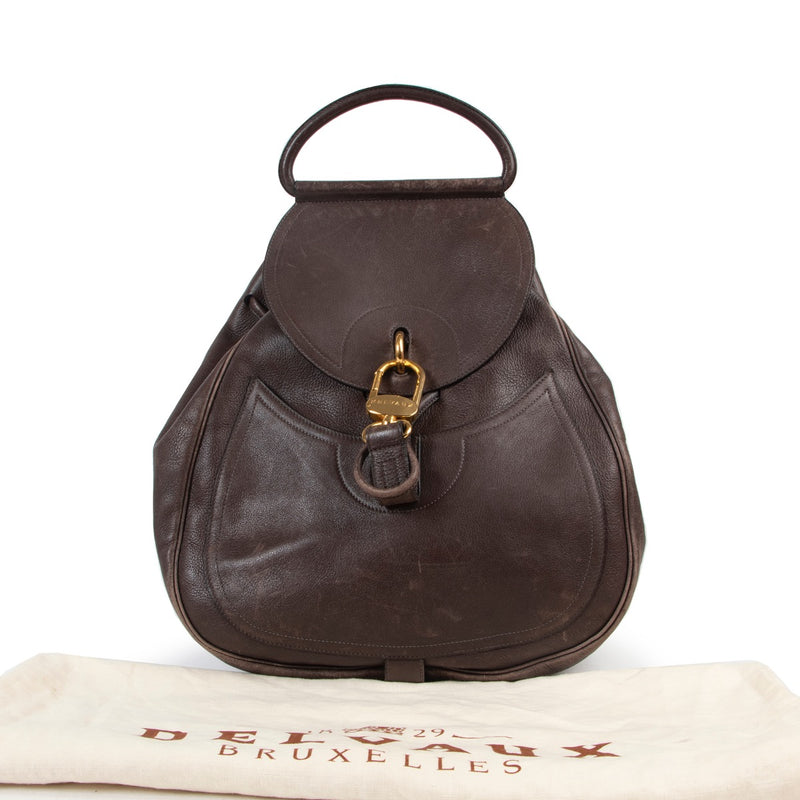 Original Delvaux Dark Brown Leather Backpack in vintage preloved condition on Labellov online website for luxury vintage designer goods