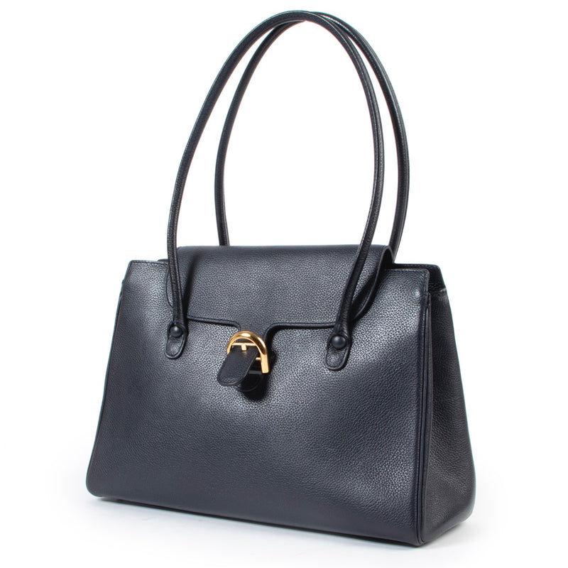 Shop safe online 100% authentic second hand Delvaux Dark Blue Cabriolet PM Shoulder Bag at the right price at Labellov in Antwerp.