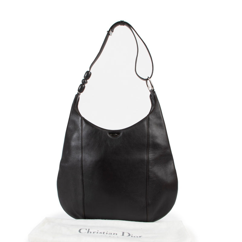 Vintage Christian Dior Black Leather Shoulder bag with black beads in good condition