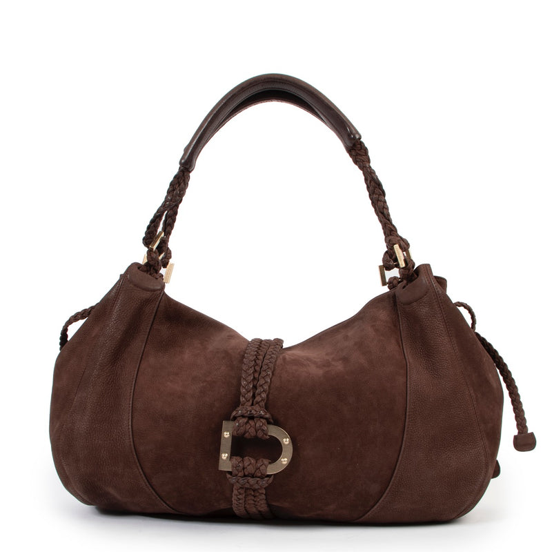 Original Preloved Delvaux Brown Eugene Nubuck Shoulder Bag in very good condition now for sale on Labellov 2nd hand designer website