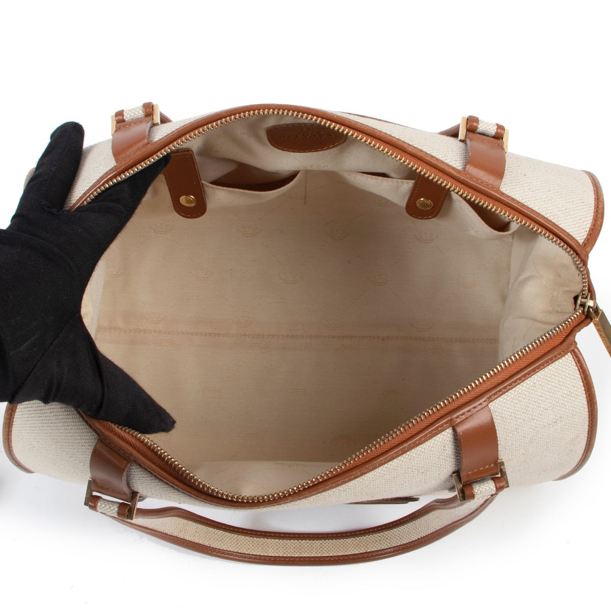 Original preloved Delvaux Boston Cognac Canvas Top Handle on vintage site for luxury designer bags by Labellov Antwerp
