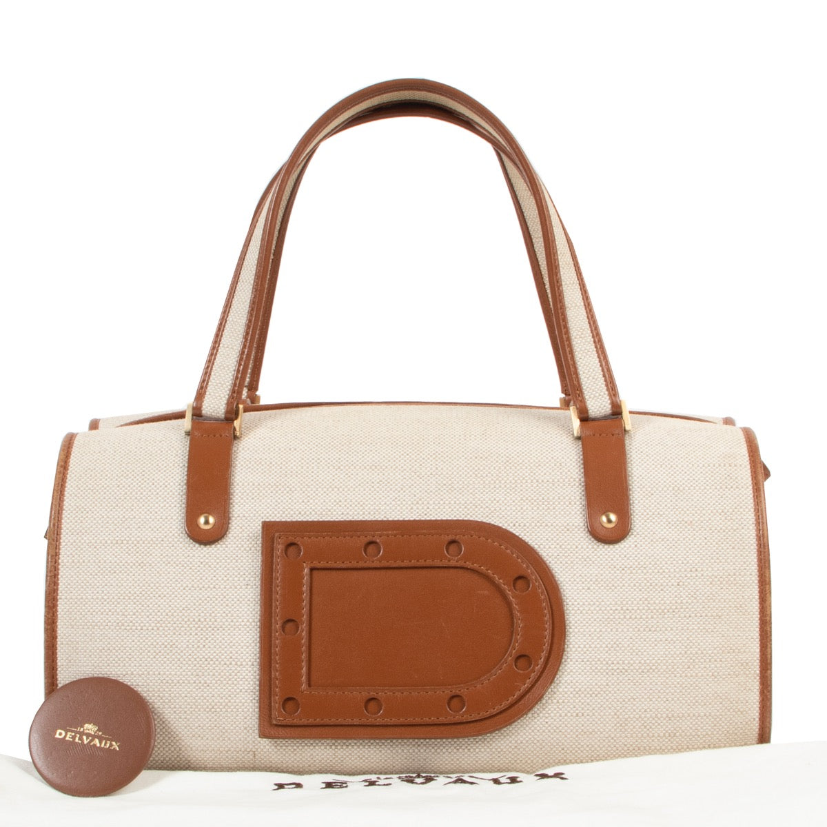 Original preloved Delvaux Boston Cognac Canvas Top Handle on vintage site for luxury designer bags by Labellov Antwerp